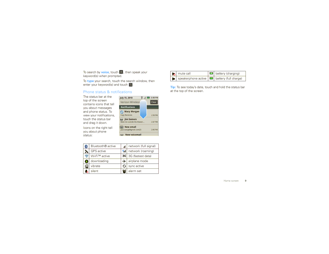 Motorola DROID X manual Phone status & notifications 