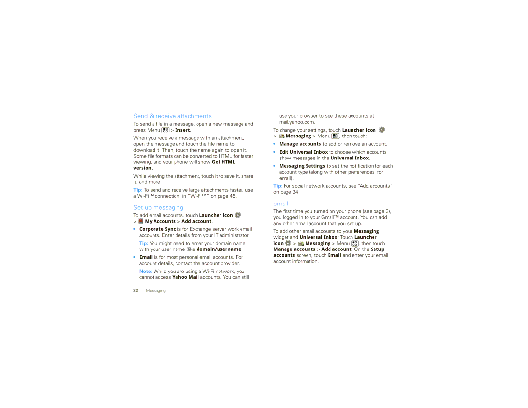 Motorola DROID X manual Send & receive attachments, Set up messaging, Viewing, and your phone will show Get Html version 