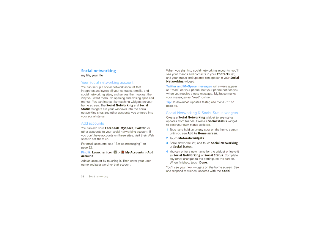 Motorola DROID X manual Social networking, Your social networking account, Add accounts 