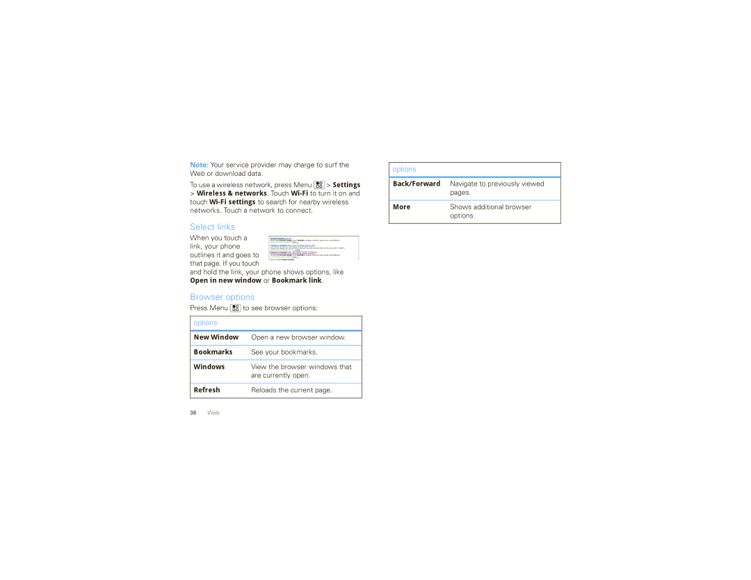 Motorola DROID X manual Select links, Browser options, Refresh, Back/Forward, More 