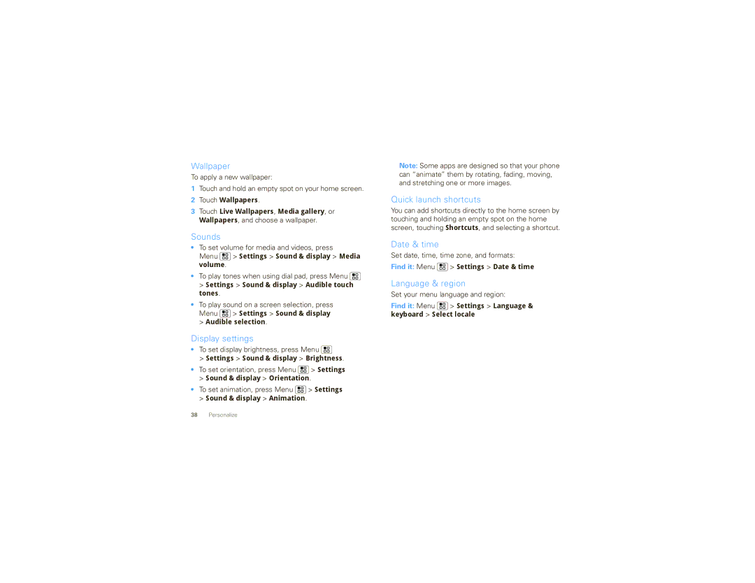 Motorola DROID X manual Wallpaper, Sounds, Display settings, Quick launch shortcuts, Date & time, Language & region 