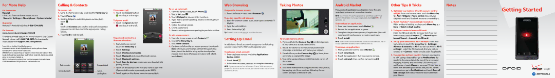 Motorola DROID manual For More Help, Calling & Contacts, Web Browsing, Setting Up Email, Taking Photos, Android Market 
