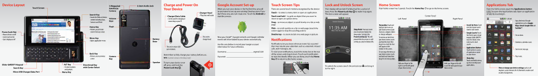 Motorola DROID Device Layout, Your Device, Google Account Set-up, Touch Screen Tips, Lock and Unlock Screen, Home Screen 