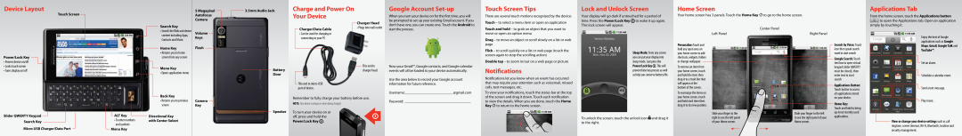 Motorola DROID Device Layout, Your Device, Google Account Set-up, Touch Screen Tips, Lock and Unlock Screen, Home Screen 