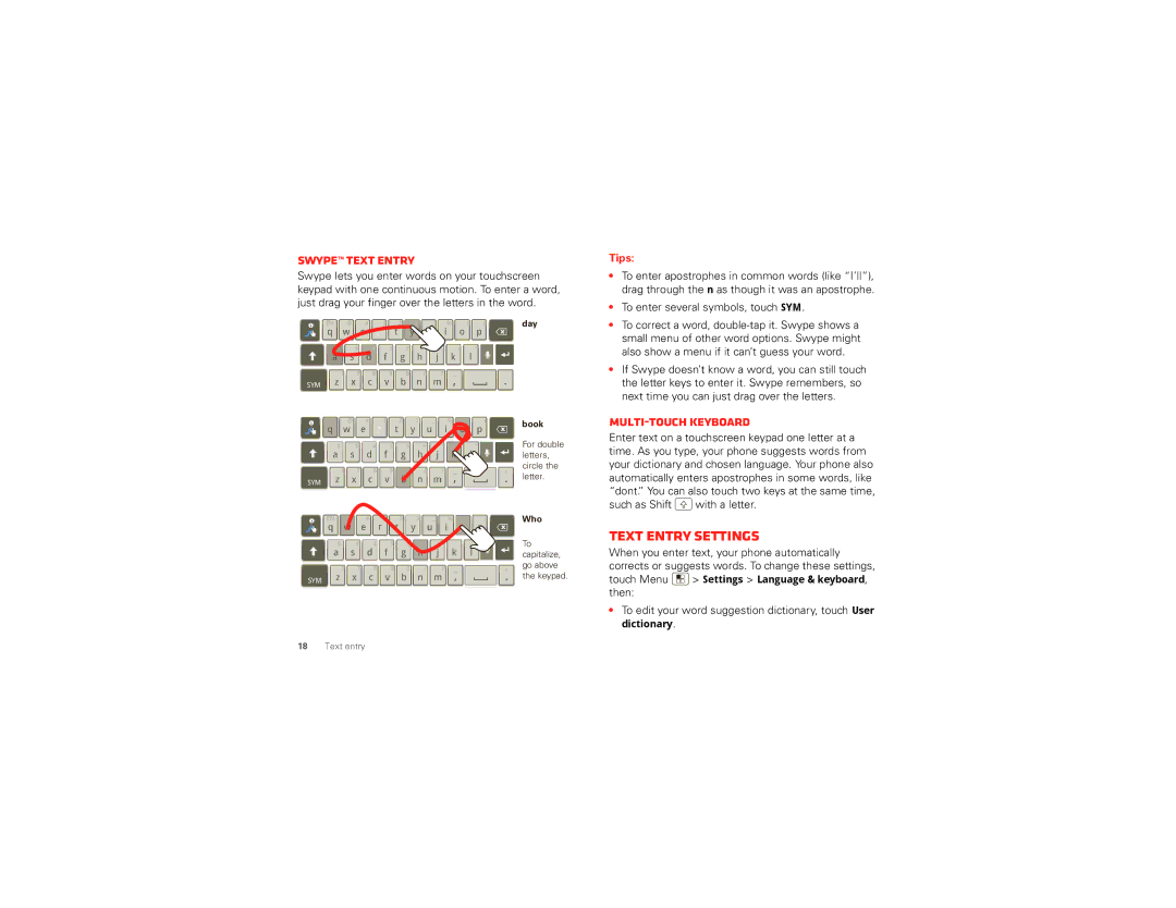 Motorola DROID3  (XT862) manual Text entry settings, Swype text entry, Multi-touch keyboard, Tips 