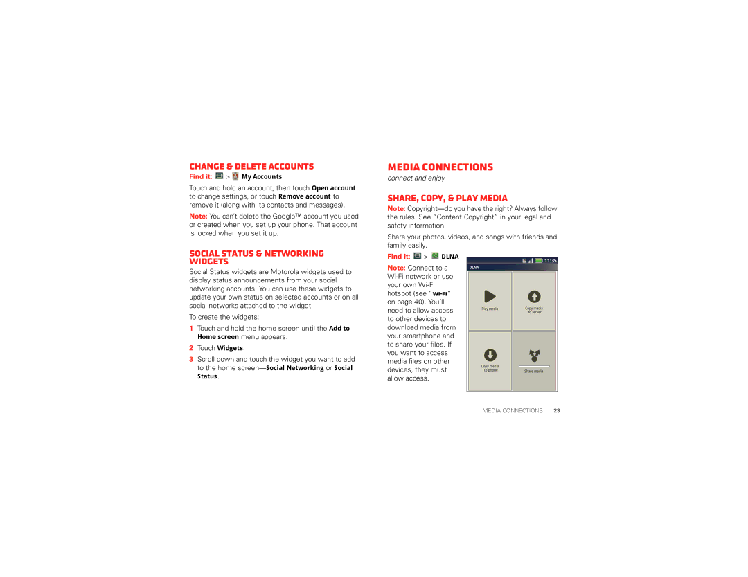 Motorola DROID3  (XT862) manual Change & delete accounts, Share, copy, & play media, Social Status & Networking Widgets 