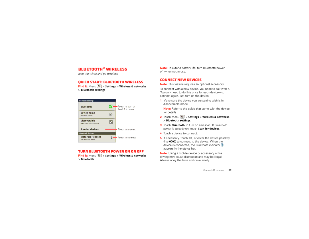 Motorola DROID3  (XT862) manual Quick start Bluetooth wireless, Connect new devices, Turn Bluetooth power on or off 