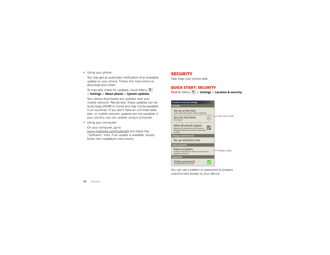 Motorola DROID3  (XT862) manual Quick start Security, Using your computer, Settings About phone System updates 