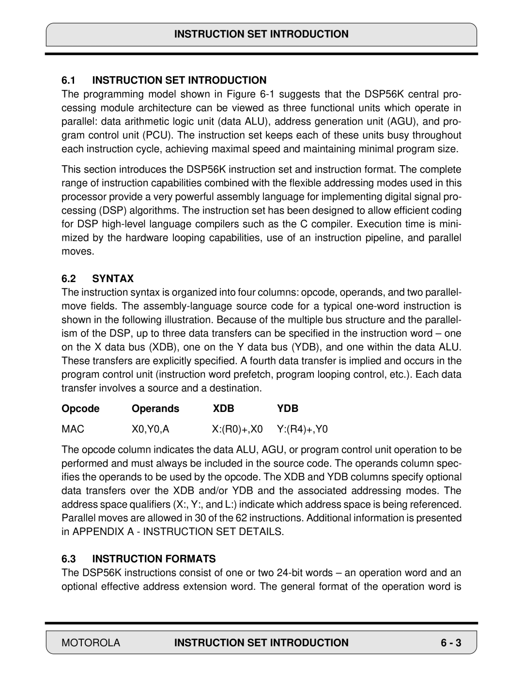 Motorola DSP56000, 24-Bit Digital Signal Processor manual Syntax, Opcode Operands, Xdb Ydb, Mac, Instruction Formats 