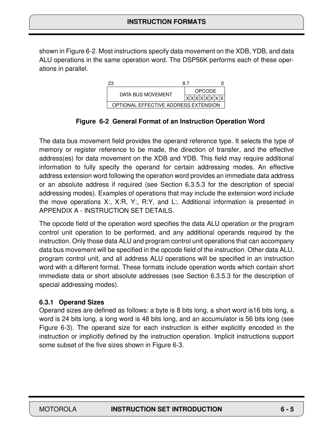 Motorola DSP56000, 24-Bit Digital Signal Processor manual Appendix a Instruction SET Details, Operand Sizes 