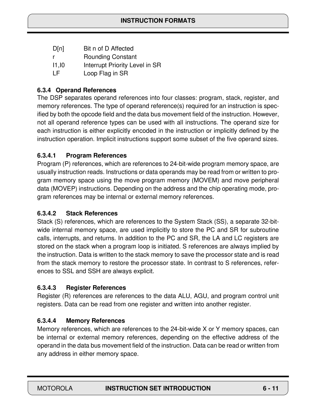 Motorola DSP56000 manual Operand References, Program References, Stack References, Register References, Memory References 