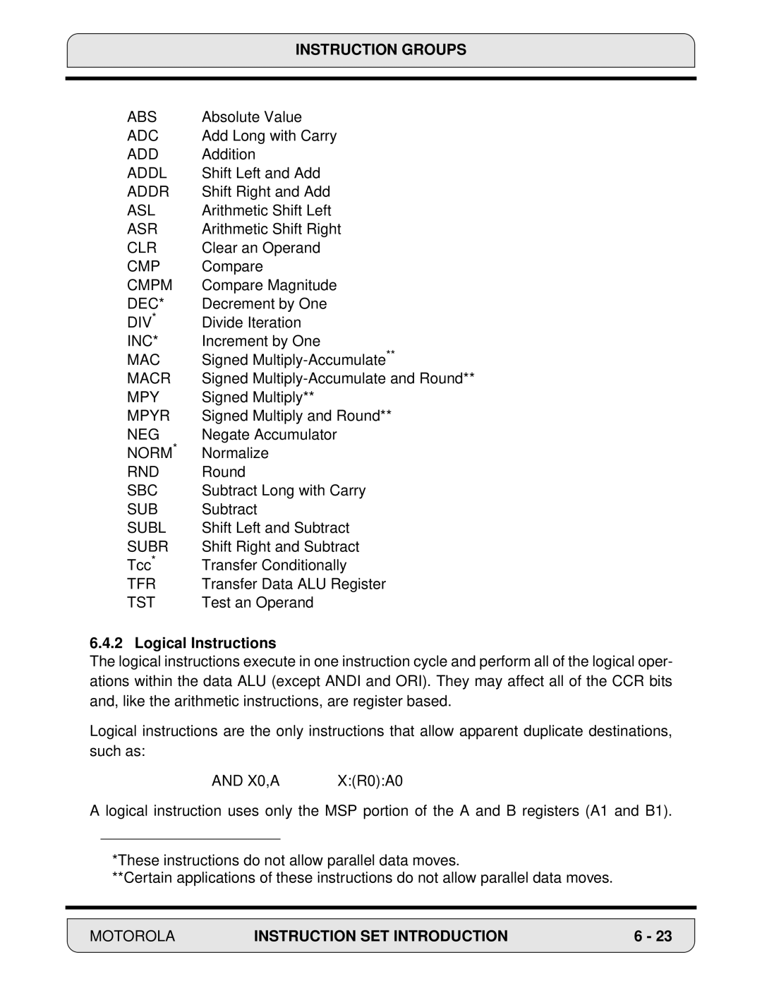 Motorola DSP56000, 24-Bit Digital Signal Processor manual Logical Instructions 