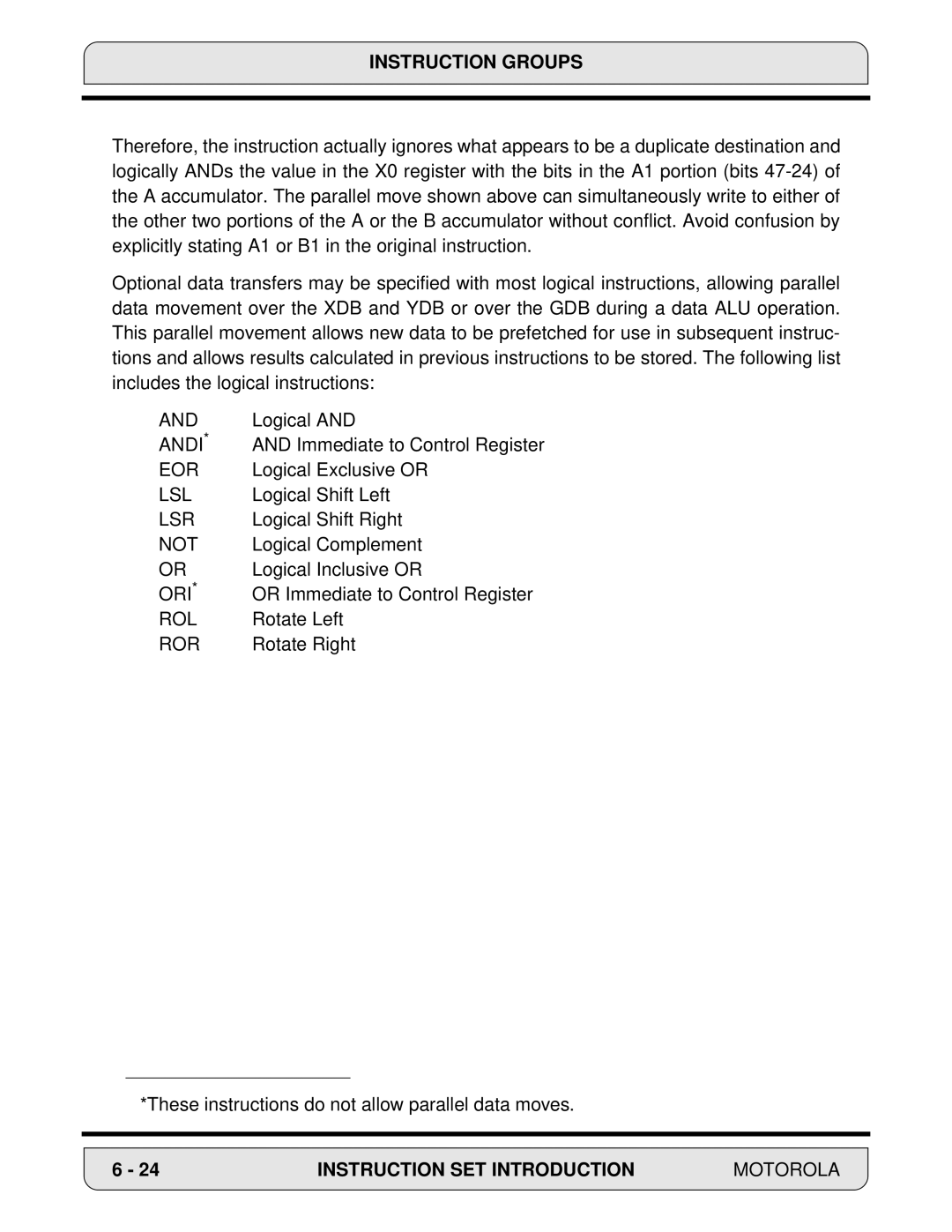 Motorola 24-Bit Digital Signal Processor, DSP56000 manual Andi, Eor, Lsl, Lsr, Not, Ori, Rol, Ror 