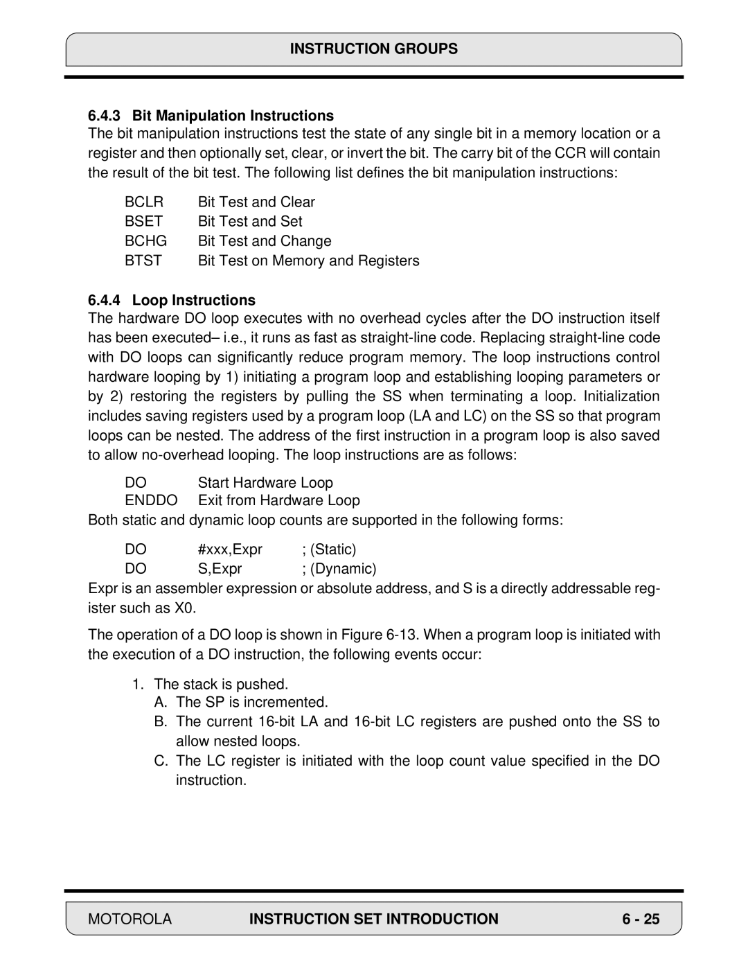 Motorola DSP56000, 24-Bit Digital Signal Processor manual Bit Manipulation Instructions, Loop Instructions 