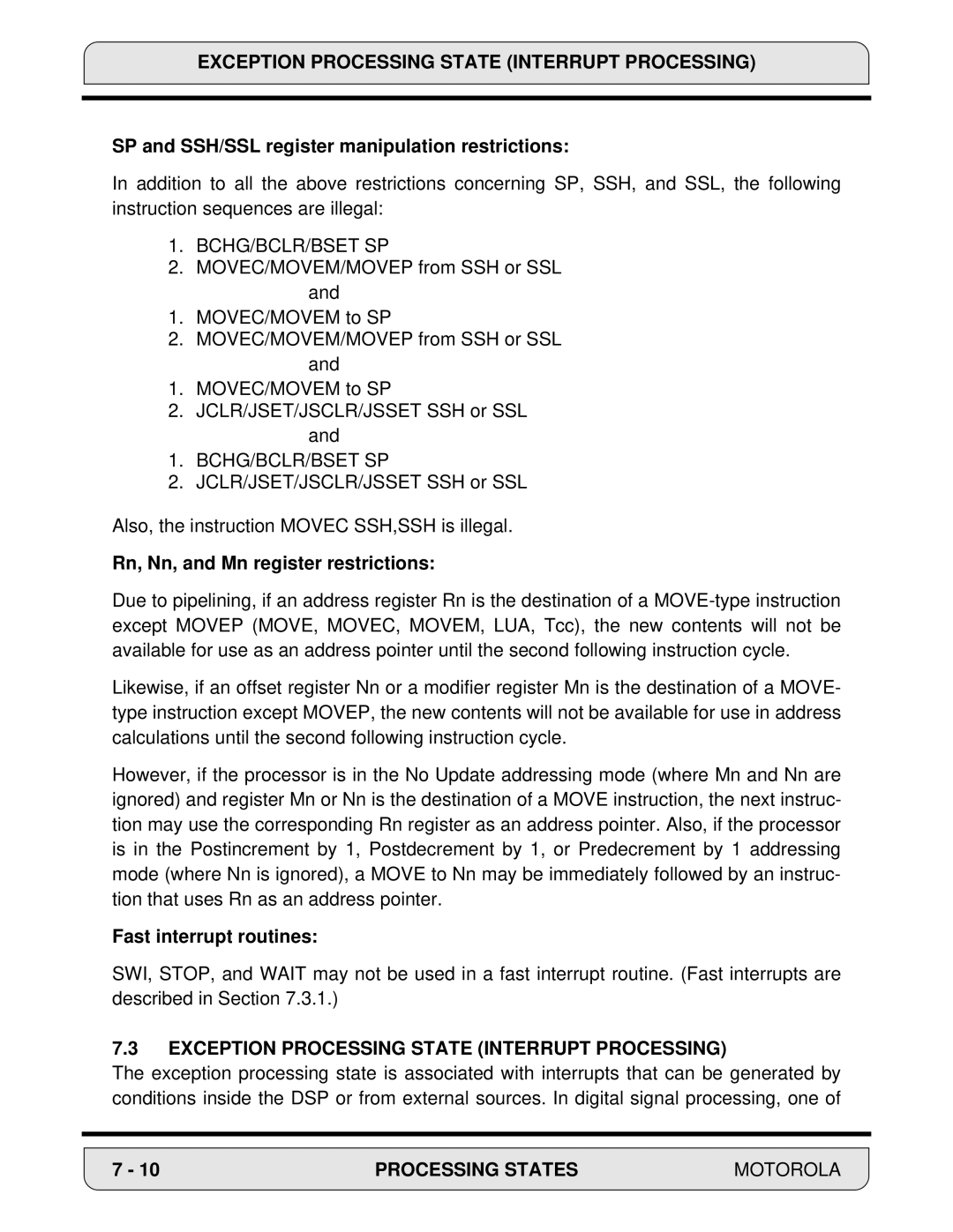 Motorola 24-Bit Digital Signal Processor, DSP56000 manual Exception Processing State Interrupt Processing, Bchg/Bclr/Bset Sp 