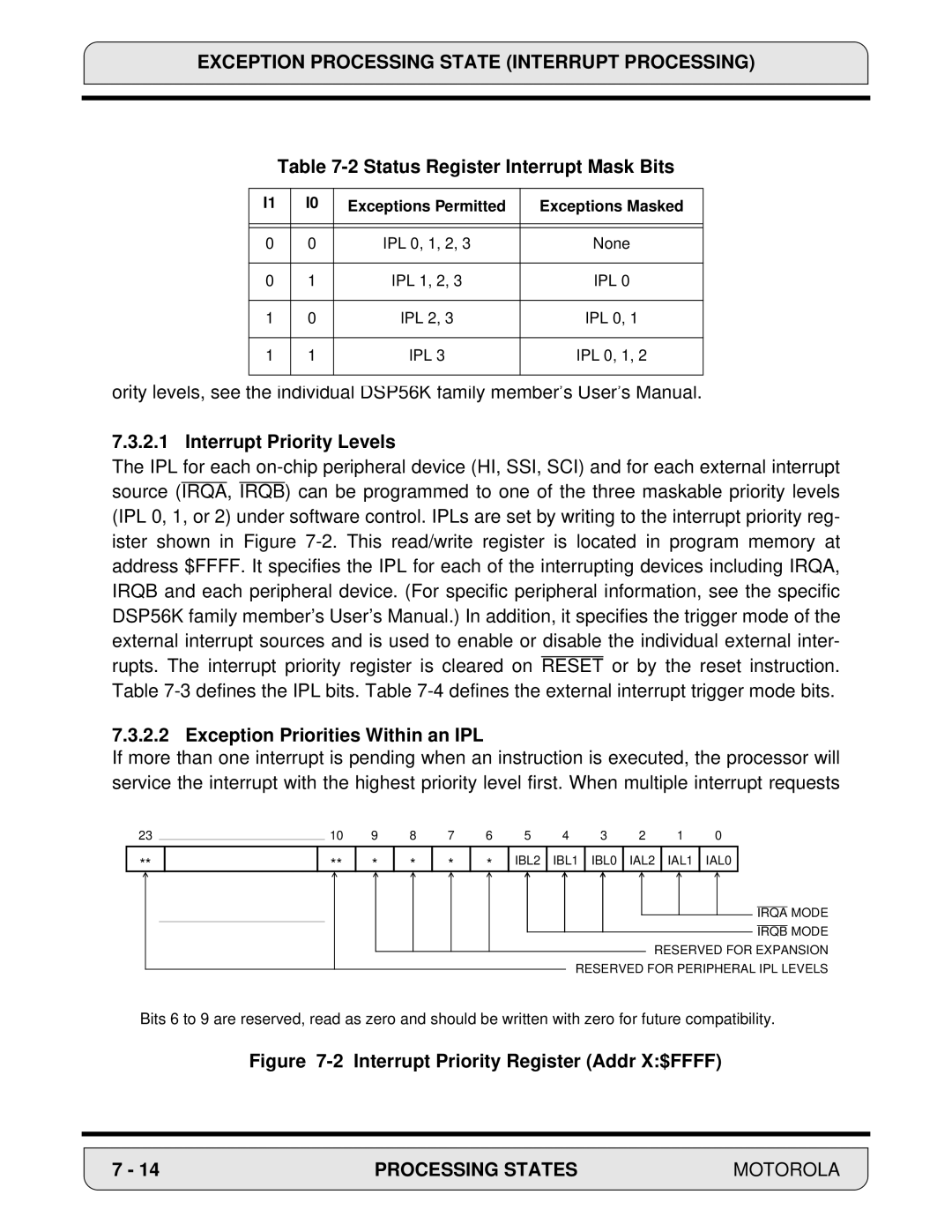 Motorola 24-Bit Digital Signal Processor, DSP56000 manual Status Register Interrupt Mask Bits, Interrupt Priority Levels 