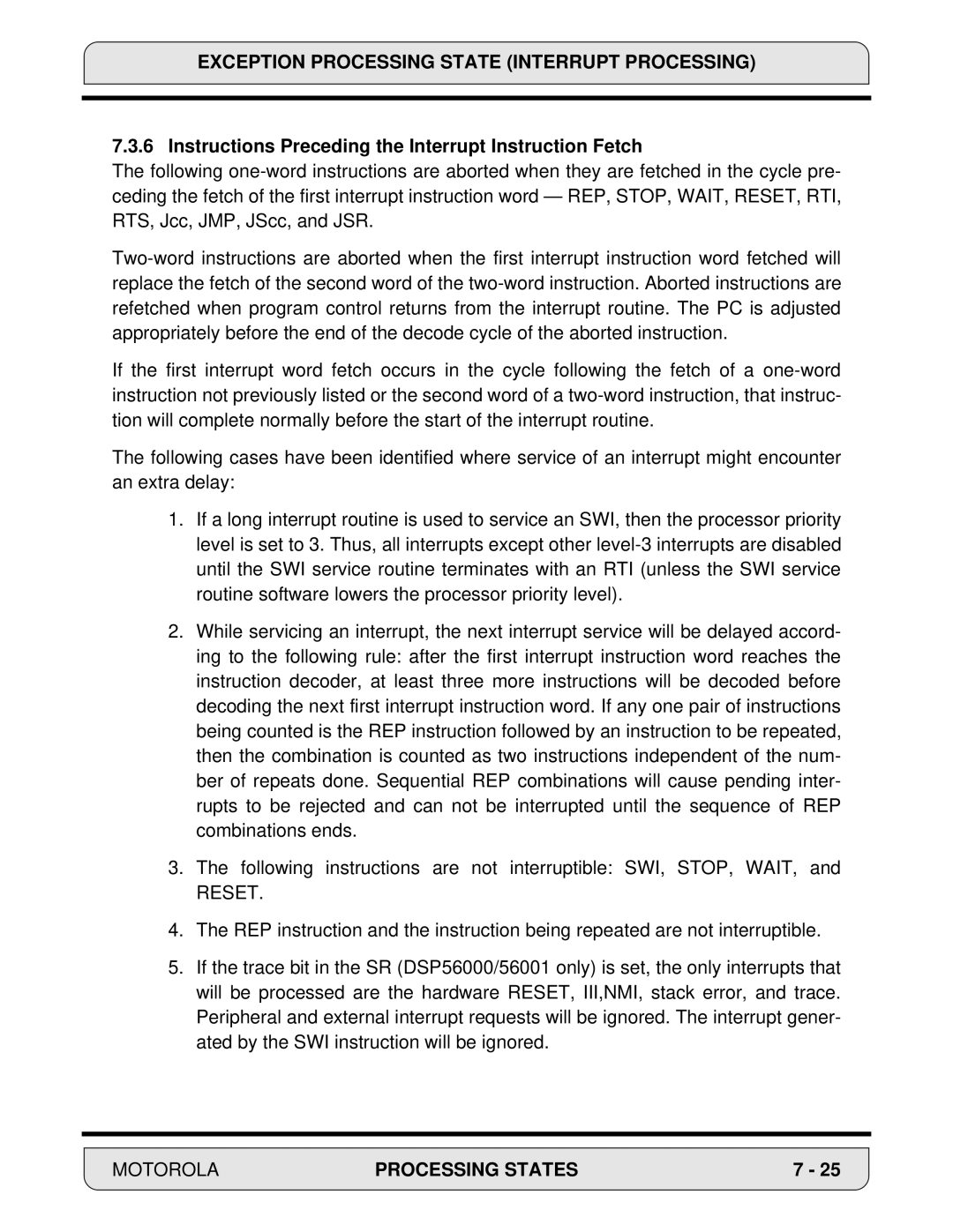 Motorola DSP56000, 24-Bit Digital Signal Processor manual Instructions Preceding the Interrupt Instruction Fetch, Reset 