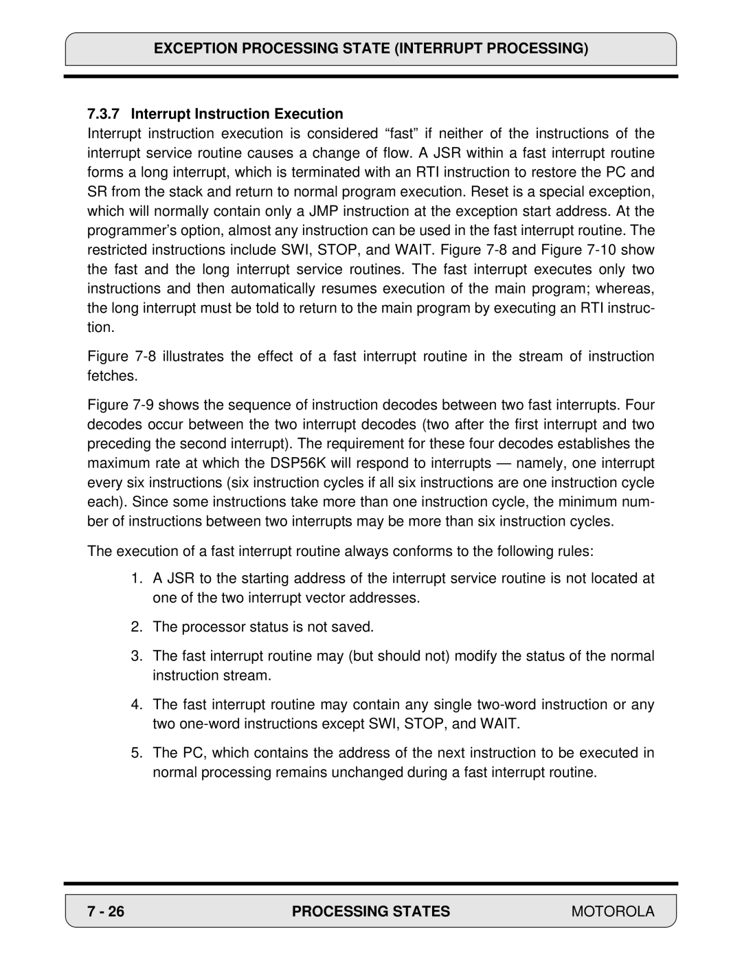 Motorola 24-Bit Digital Signal Processor, DSP56000 manual Interrupt Instruction Execution 