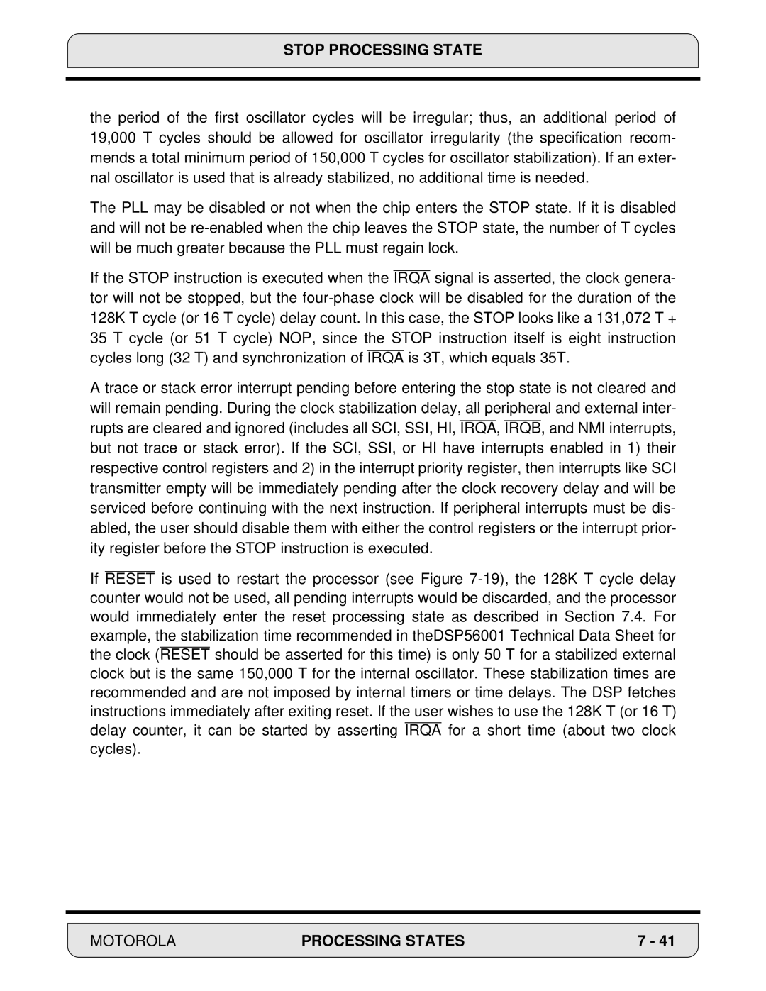 Motorola DSP56000, 24-Bit Digital Signal Processor manual Stop Processing State 