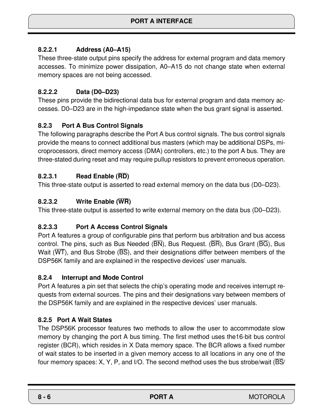Motorola 24-Bit Digital Signal Processor, DSP56000 Address A0-A15, Data D0-D23, Port a Bus Control Signals, Read Enable RD 