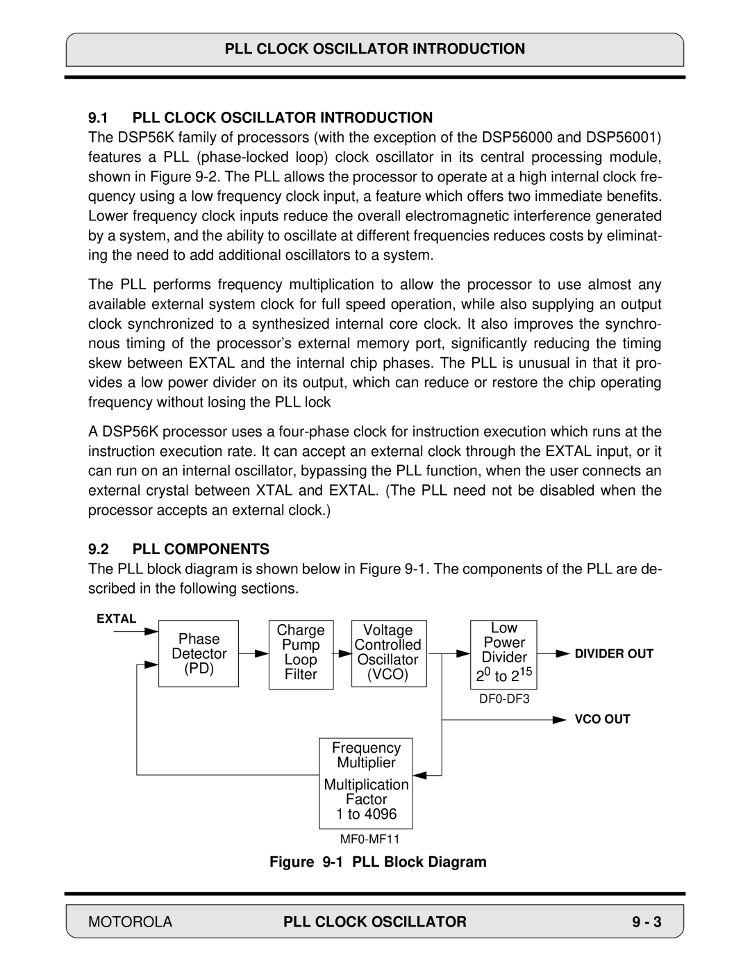 Motorola DSP56000, 24-Bit Digital Signal Processor manual PLL Clock Oscillator Introduction, PLL Components, Vco 
