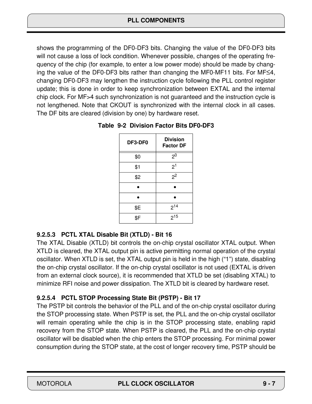 Motorola DSP56000 Division Factor Bits DF0-DF3, Pctl Xtal Disable Bit Xtld Bit, Pctl Stop Processing State Bit Pstp Bit 