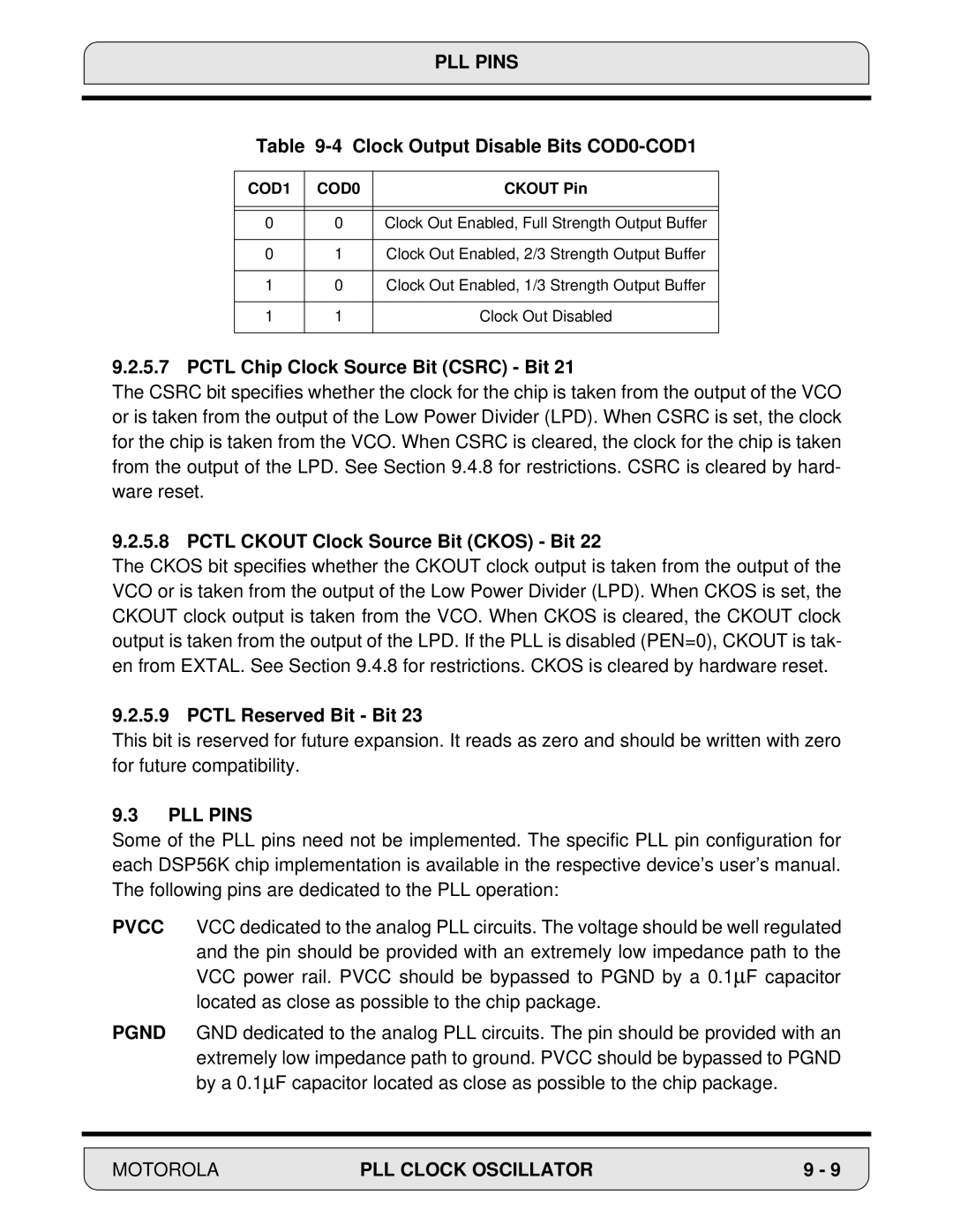 Motorola DSP56000 manual PLL Pins, Clock Output Disable Bits COD0-COD1, Pctl Chip Clock Source Bit Csrc Bit 