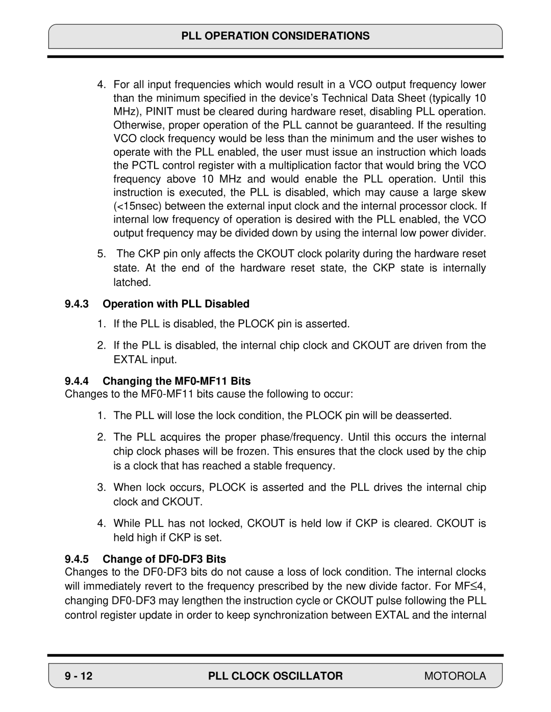 Motorola 24-Bit Digital Signal Processor Operation with PLL Disabled, Changing the MF0-MF11 Bits, Change of DF0-DF3 Bits 