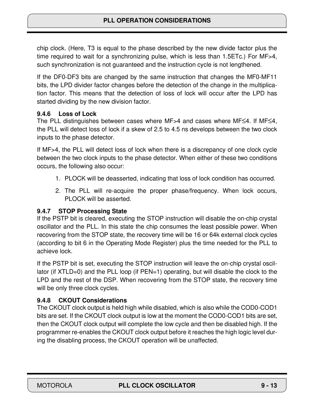 Motorola DSP56000, 24-Bit Digital Signal Processor manual Loss of Lock, Stop Processing State, Ckout Considerations 