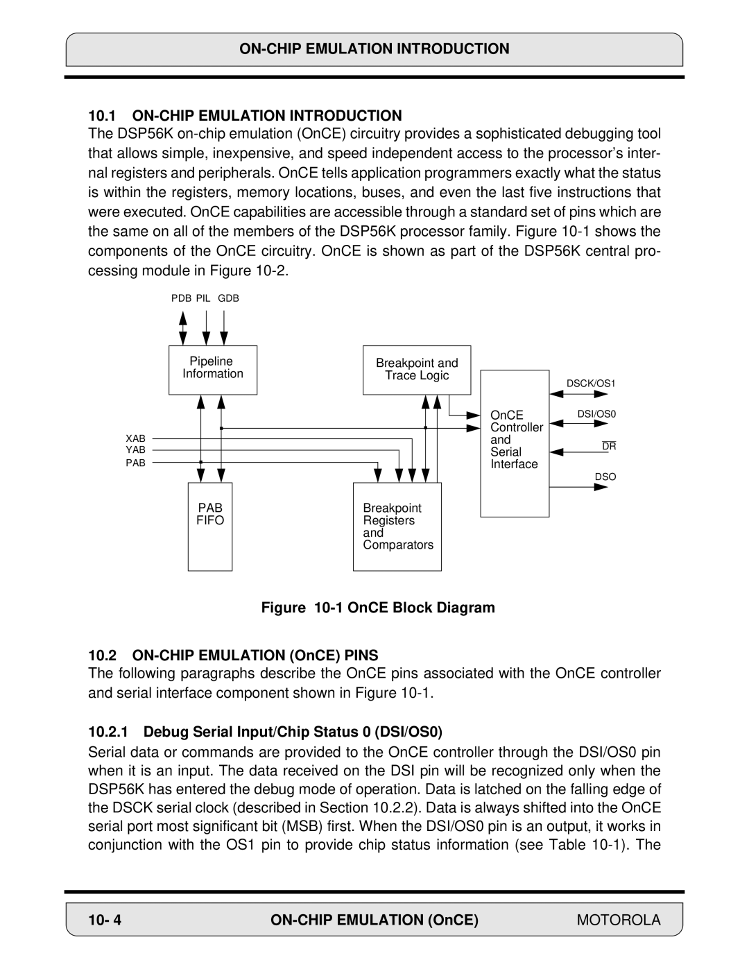 Motorola DSP56000 manual ON-CHIP Emulation Introduction, Debug Serial Input/Chip Status 0 DSI/OS0 