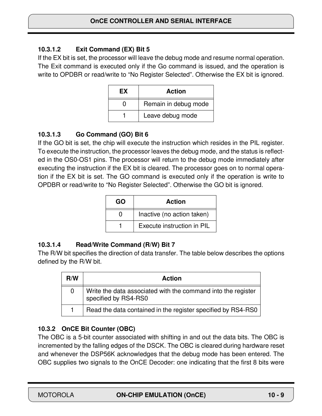 Motorola 24-Bit Digital Signal Processor, DSP56000 manual OnCE Controller and Serial Interface Exit Command EX Bit, Action 