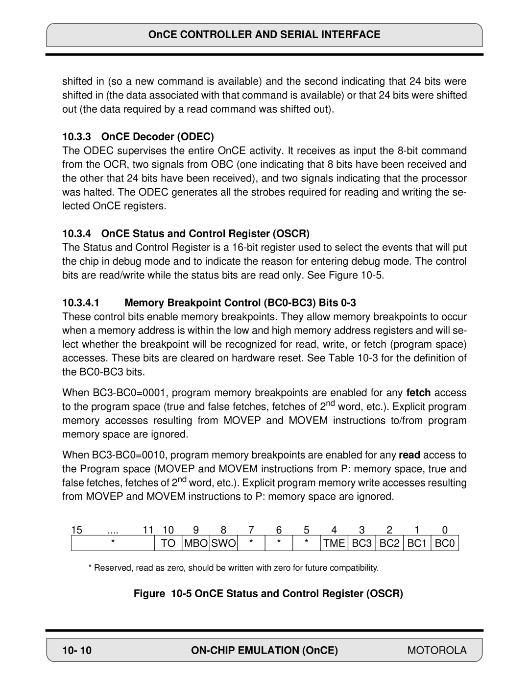 Motorola DSP56000 manual OnCE Decoder Odec, OnCE Status and Control Register Oscr, Memory Breakpoint Control BC0-BC3 Bits 