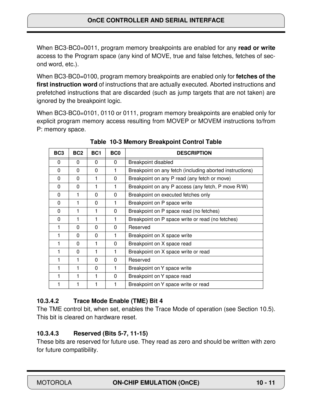 Motorola 24-Bit Digital Signal Processor Memory Breakpoint Control Table, Trace Mode Enable TME Bit, Reserved Bits 5-7 