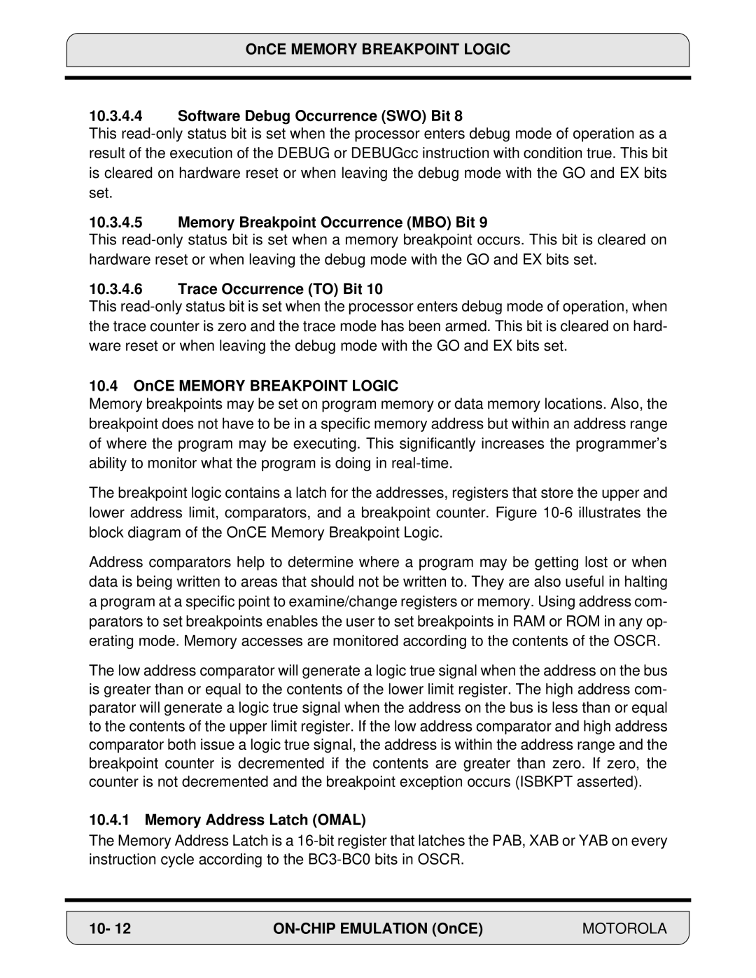 Motorola DSP56000 manual Memory Breakpoint Occurrence MBO Bit, Trace Occurrence to Bit, OnCE Memory Breakpoint Logic 