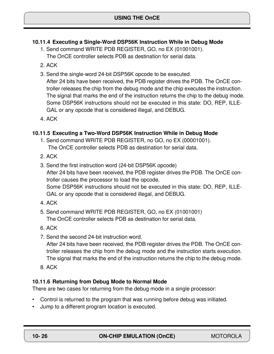 Motorola DSP56000, 24-Bit Digital Signal Processor manual Returning from Debug Mode to Normal Mode 