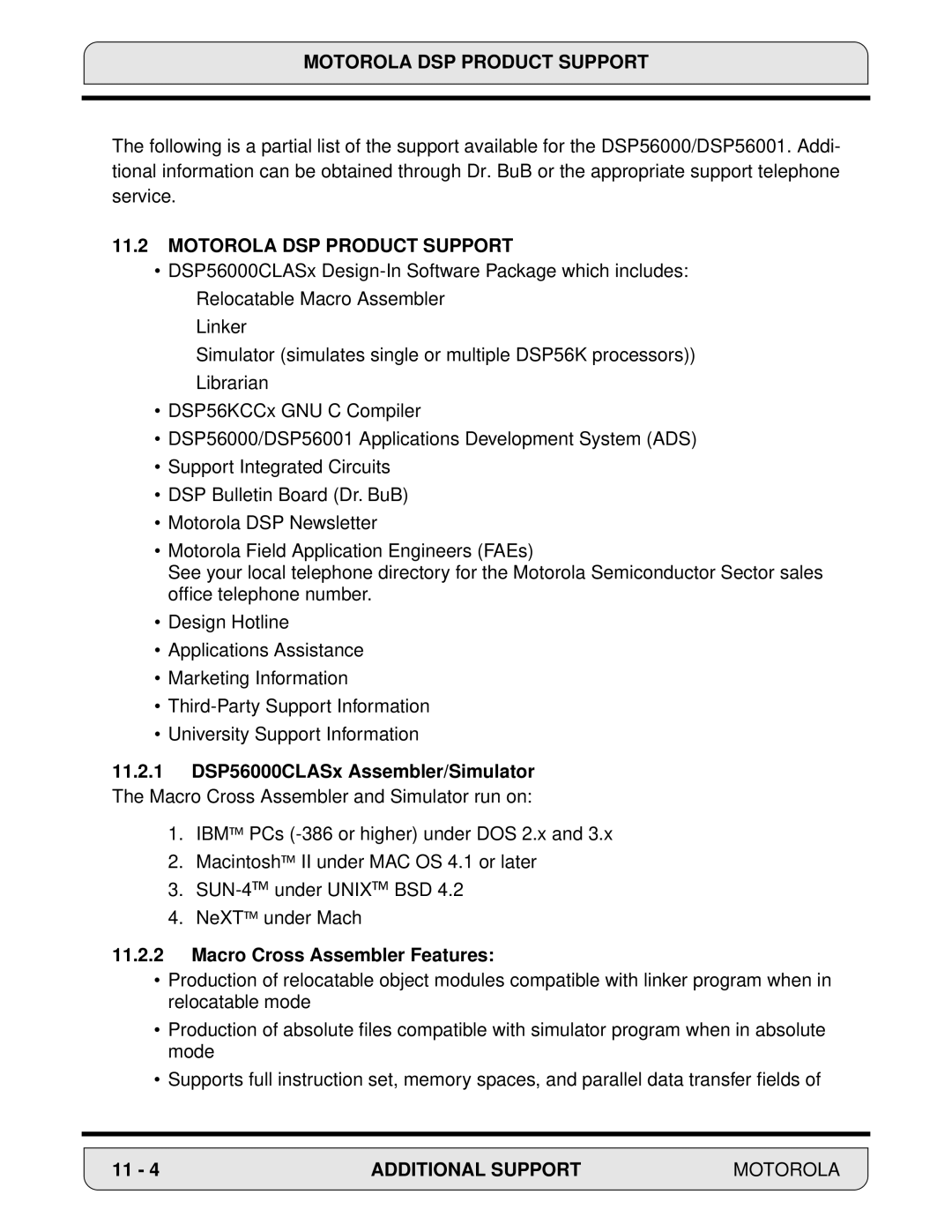 Motorola 24-Bit Digital Signal Processor, DSP56000 manual Motorola DSP Product Support, Macro Cross Assembler Features 