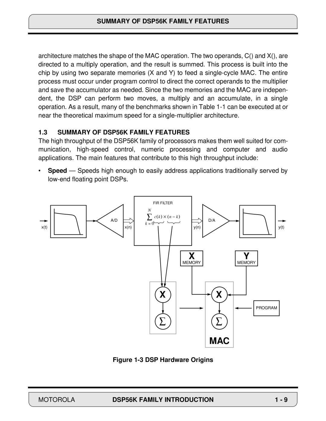 Motorola DSP56000, 24-Bit Digital Signal Processor manual Summary of DSP56K Family Features, DSP Hardware Origins 