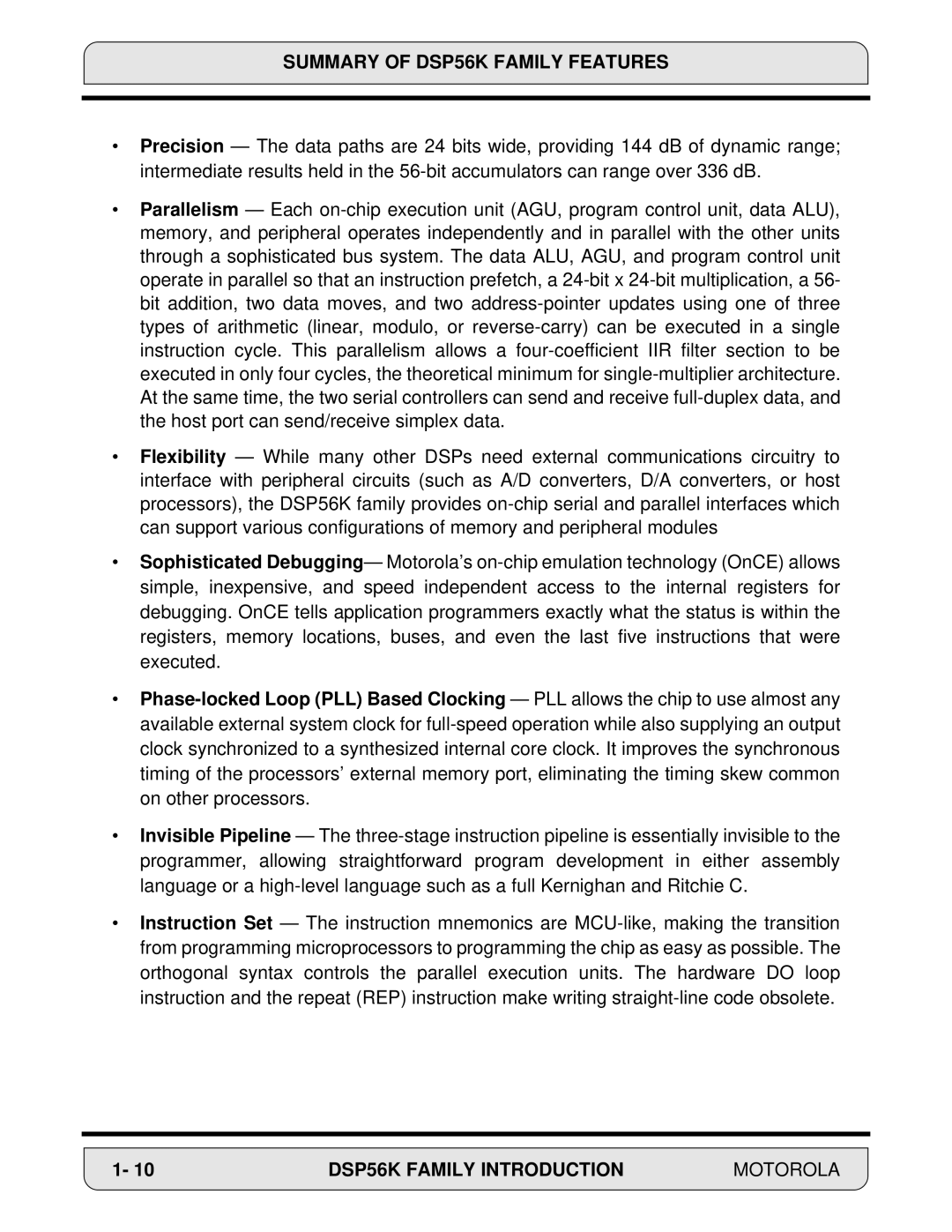 Motorola 24-Bit Digital Signal Processor, DSP56000 manual Summary of DSP56K Family Features 