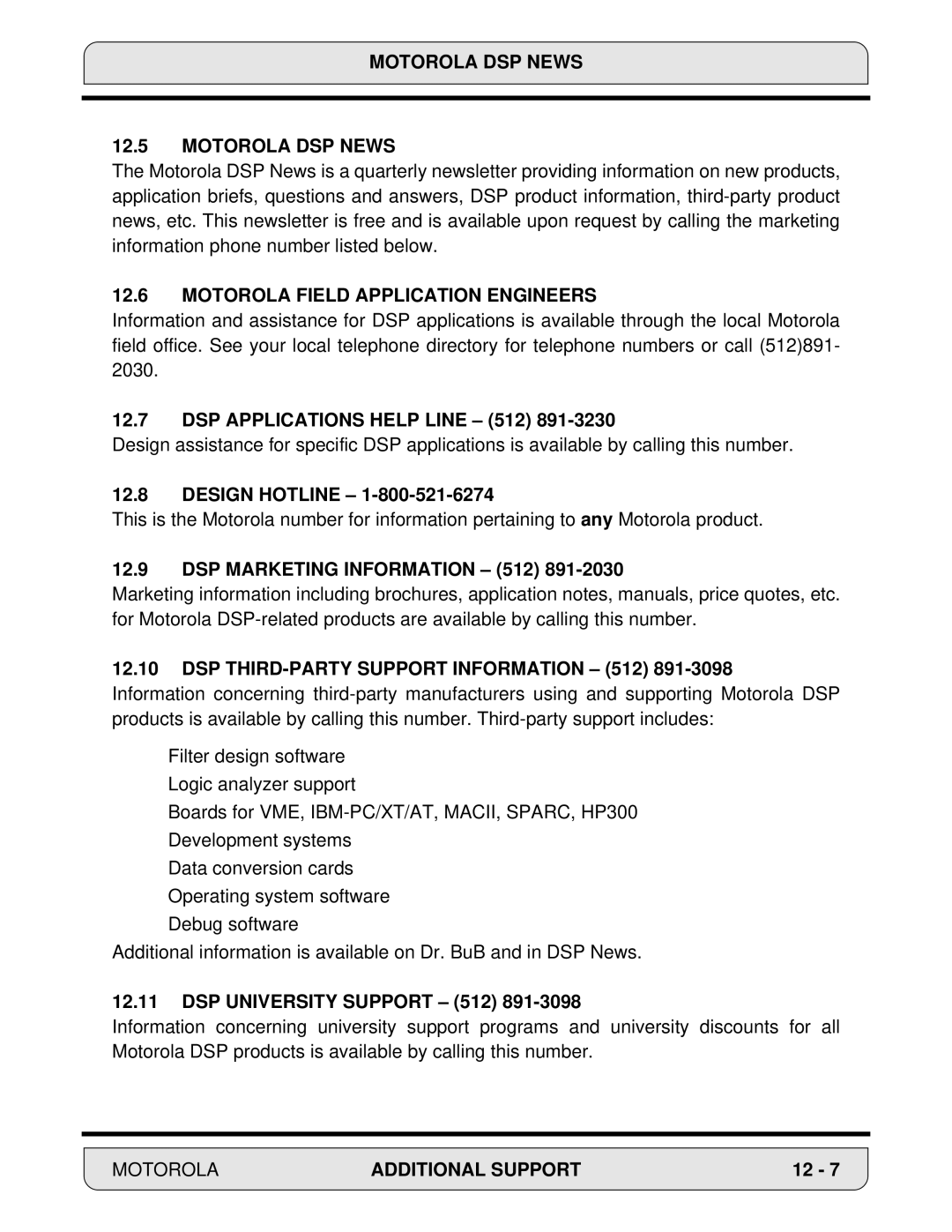 Motorola DSP56000 DSP Applications Help Line 512, DSP Marketing Information 512, DSP THIRD-PARTY Support Information 512 