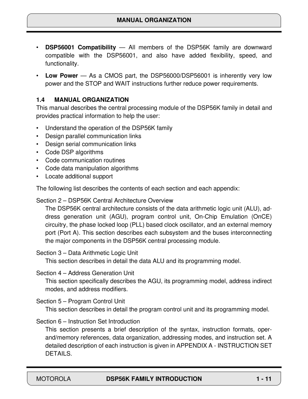 Motorola DSP56000, 24-Bit Digital Signal Processor manual Manual Organization 