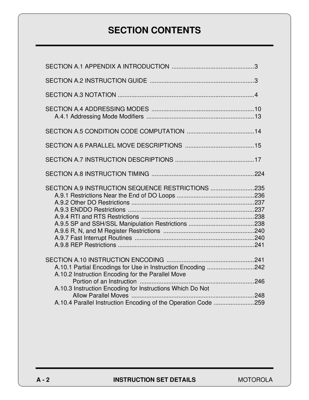 Motorola 24-Bit Digital Signal Processor Section A.9 Instruction Sequence Restrictions, Section A.10 Instruction Encoding 