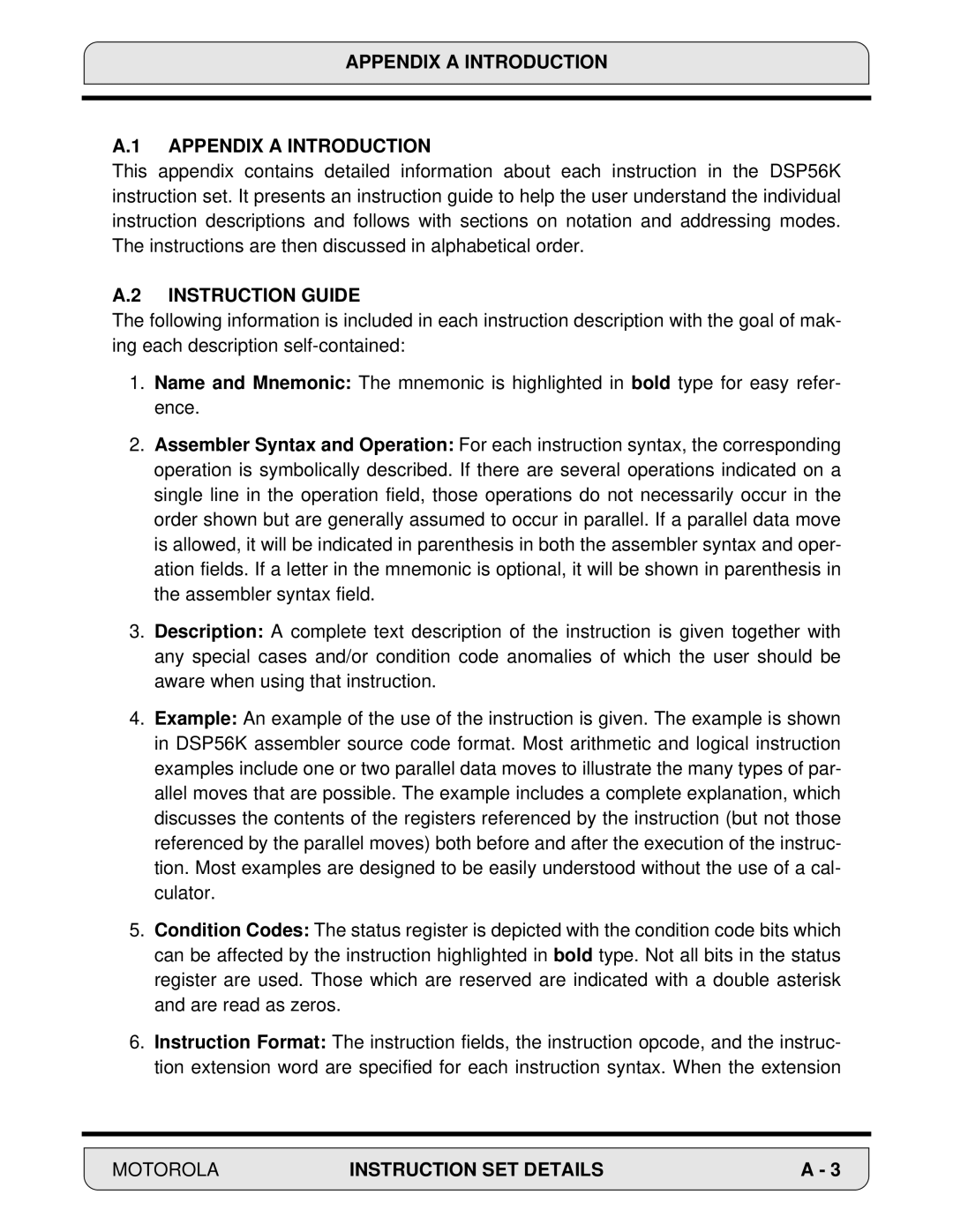 Motorola DSP56000, 24-Bit Digital Signal Processor manual Appendix a Introduction, Instruction Guide 