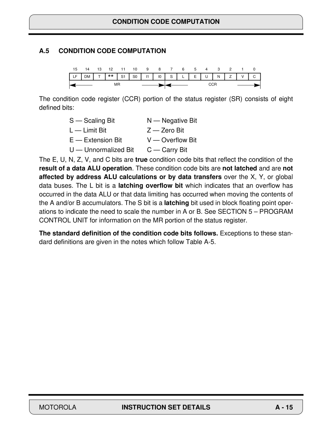 Motorola DSP56000, 24-Bit Digital Signal Processor manual Condition Code Computation 