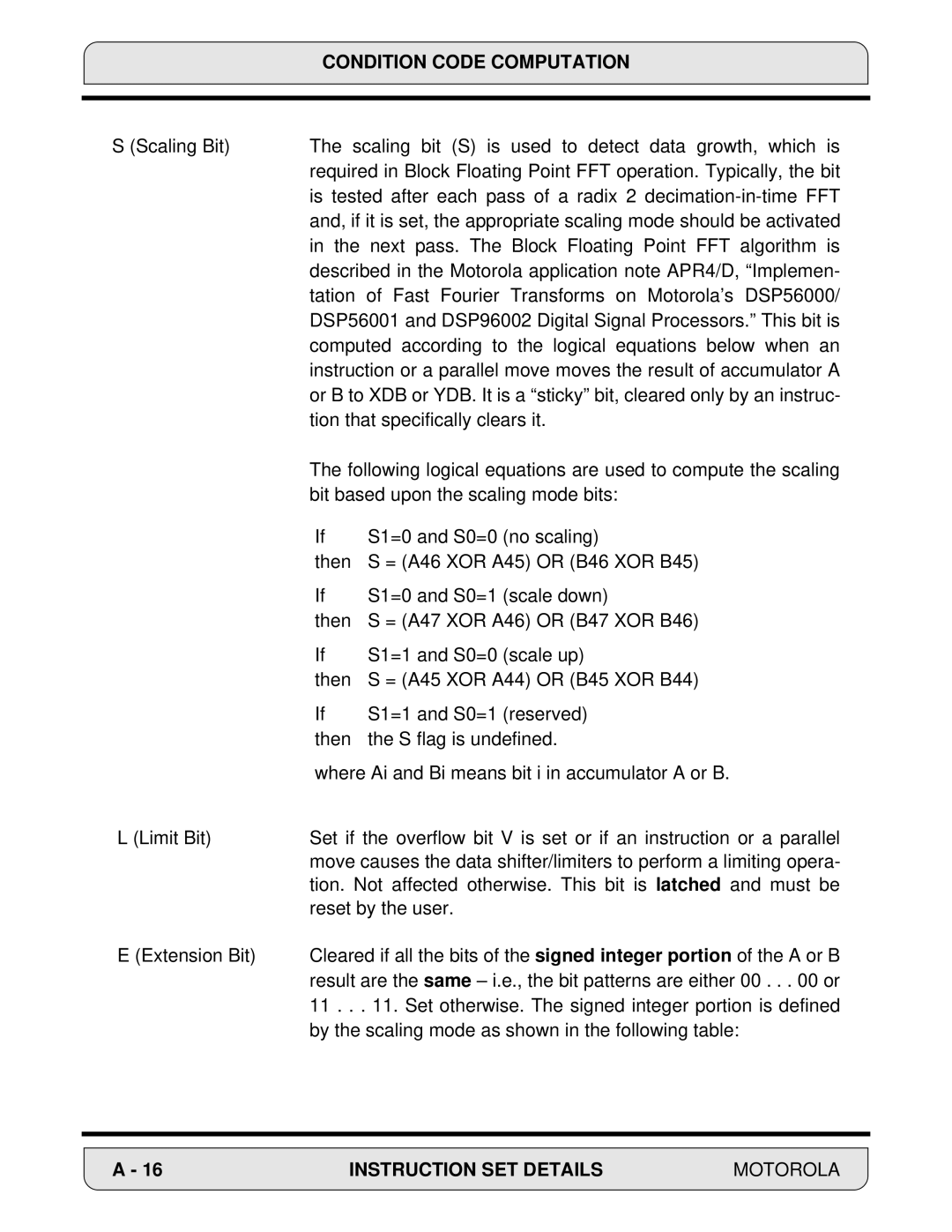 Motorola 24-Bit Digital Signal Processor, DSP56000 manual Condition Code Computation 