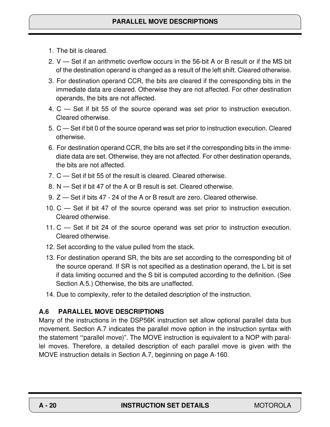 Motorola 24-Bit Digital Signal Processor, DSP56000 manual Parallel Move Descriptions 