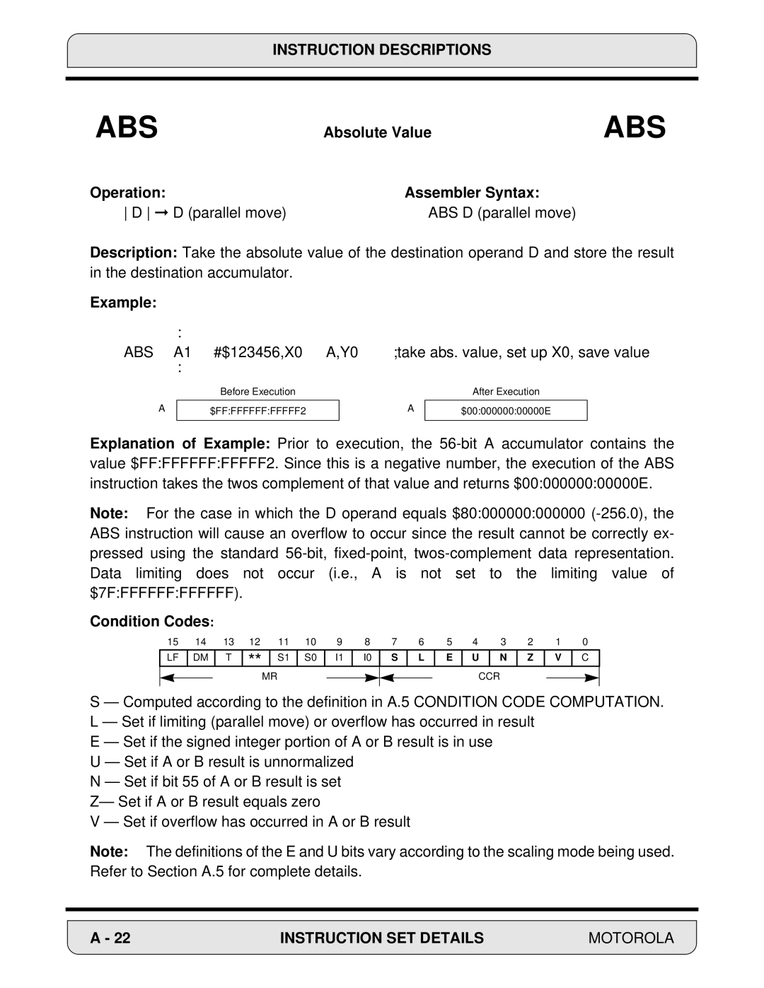 Motorola 24-Bit Digital Signal Processor, DSP56000 manual Absolute Value, Operation Assembler Syntax, Condition Codes 