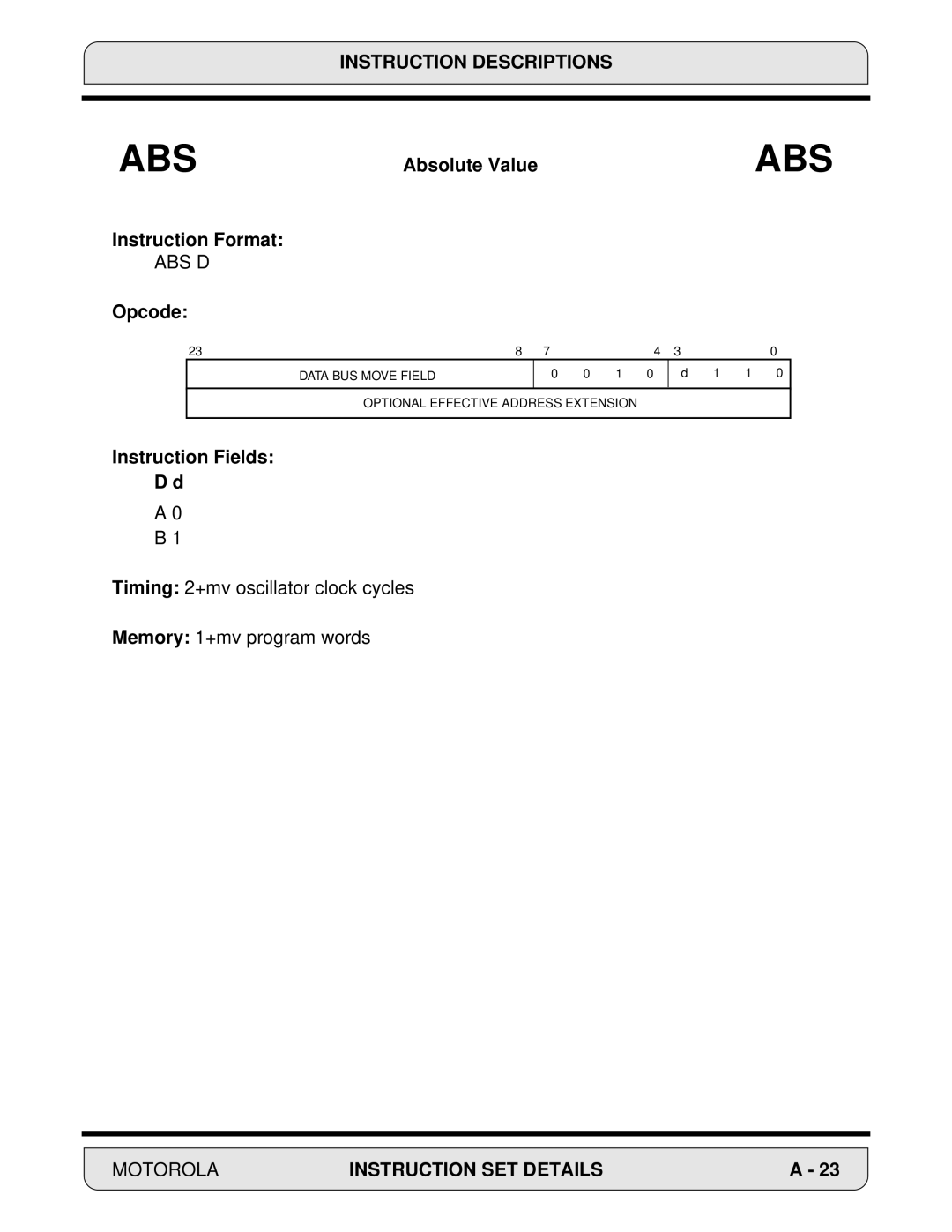 Motorola DSP56000, 24-Bit Digital Signal Processor manual Instruction Format, Abs D, Opcode, Instruction Fields 