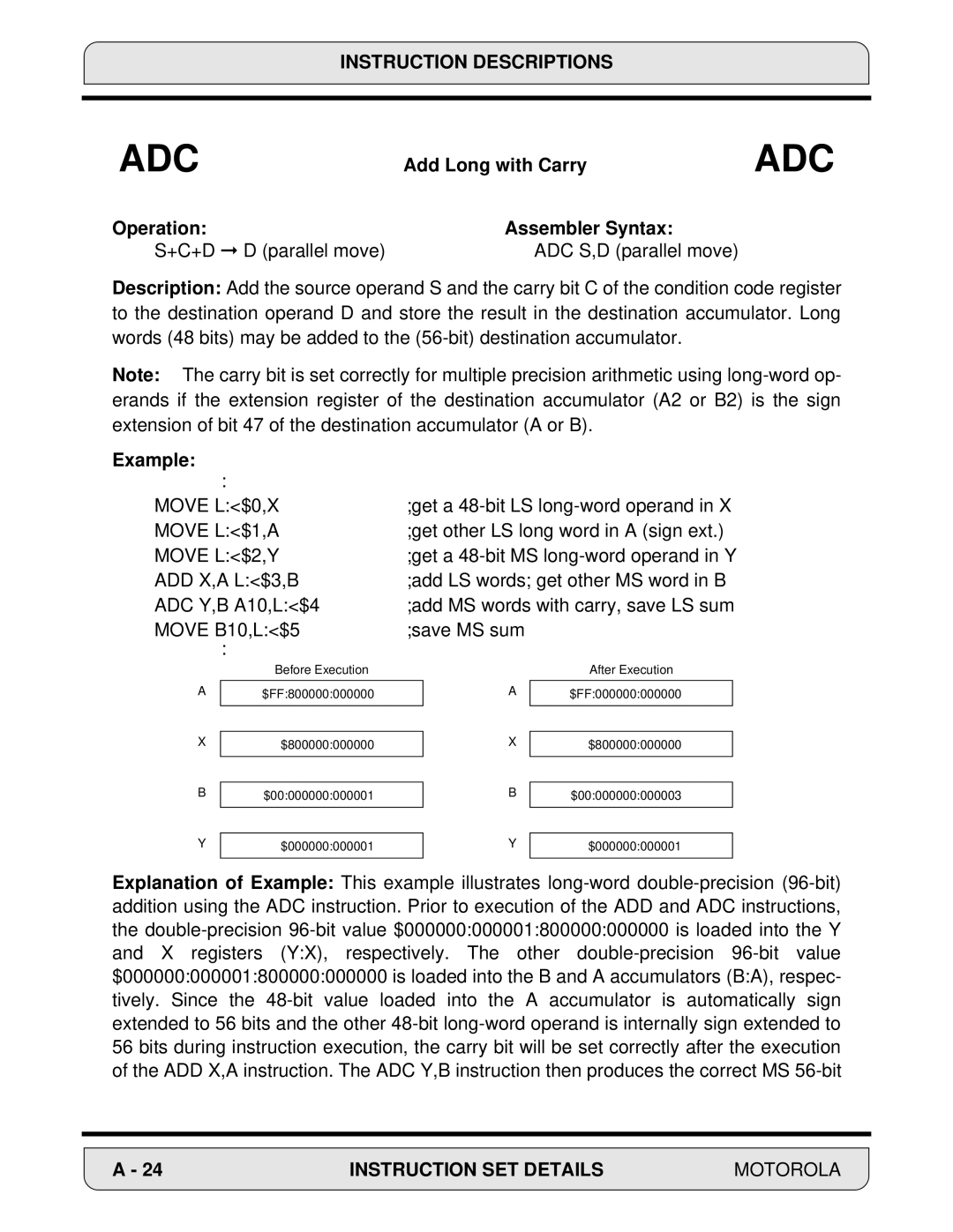 Motorola 24-Bit Digital Signal Processor, DSP56000 manual Add Long with Carry, Example 