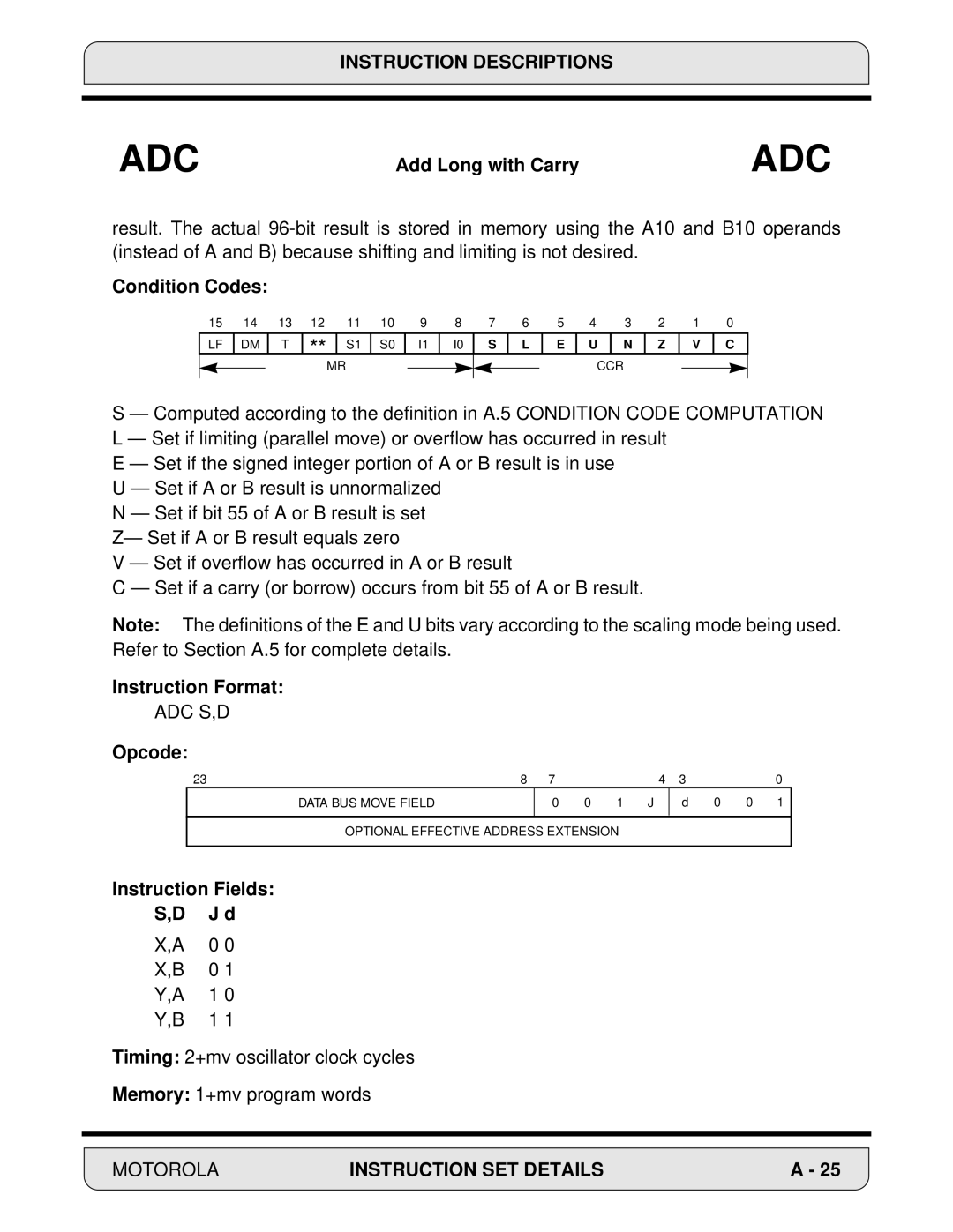 Motorola DSP56000, 24-Bit Digital Signal Processor manual Condition Codes, Adc S,D 