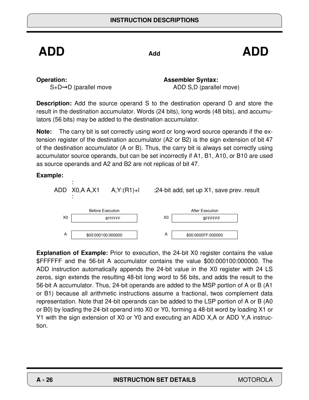 Motorola 24-Bit Digital Signal Processor, DSP56000 manual Add 